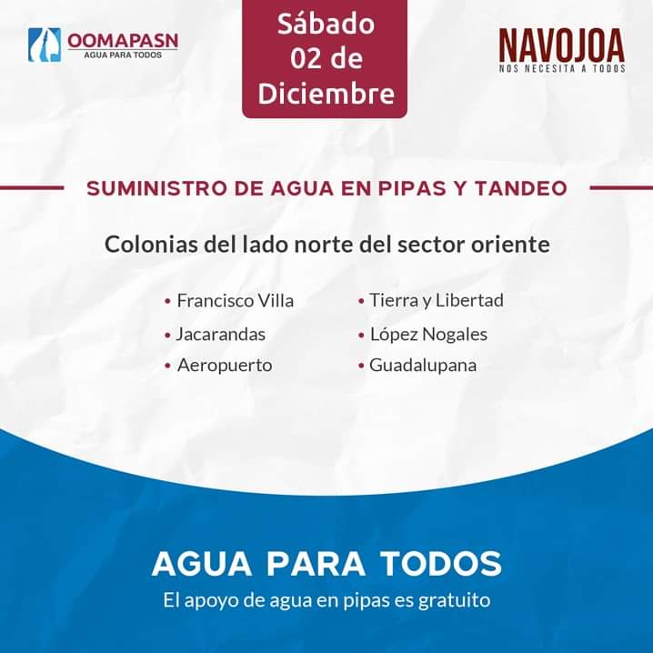 Oomapas Navojoa Informa Horario de Suministro de Agua en Pipas y Tandeos en lado Norte del Sector Oriente de la Ciudad.